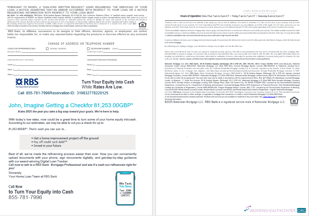 United Kingdom Royal Bank of Scottish (RBS) bank mortgage loan statement in Word and PDF formats , 4 pages 3 4